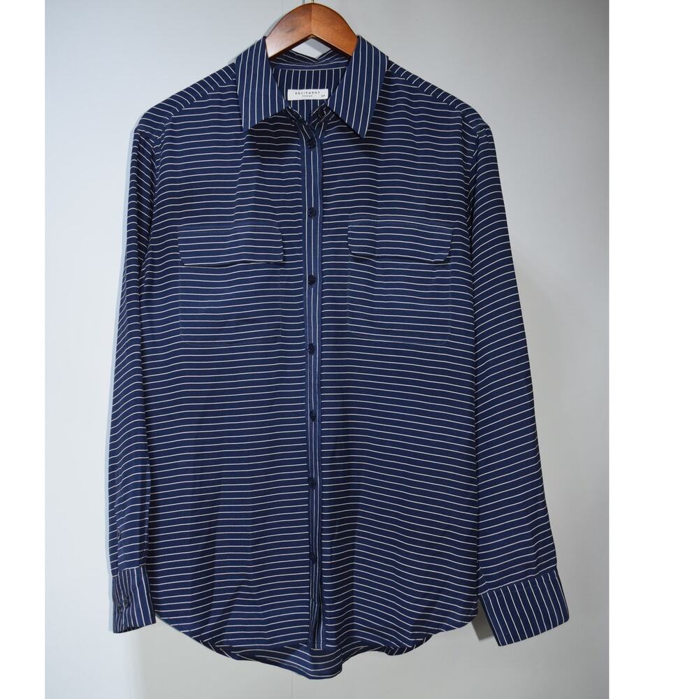 Equipment Femme Navy Blue Striped Silk Button Down Shirt Women's Size Small